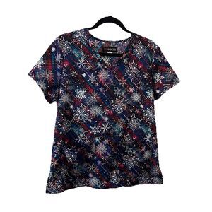 Koi Basics Blue Red Snowflakes Short Sleeve Scrub Nurse Top Womens Size M